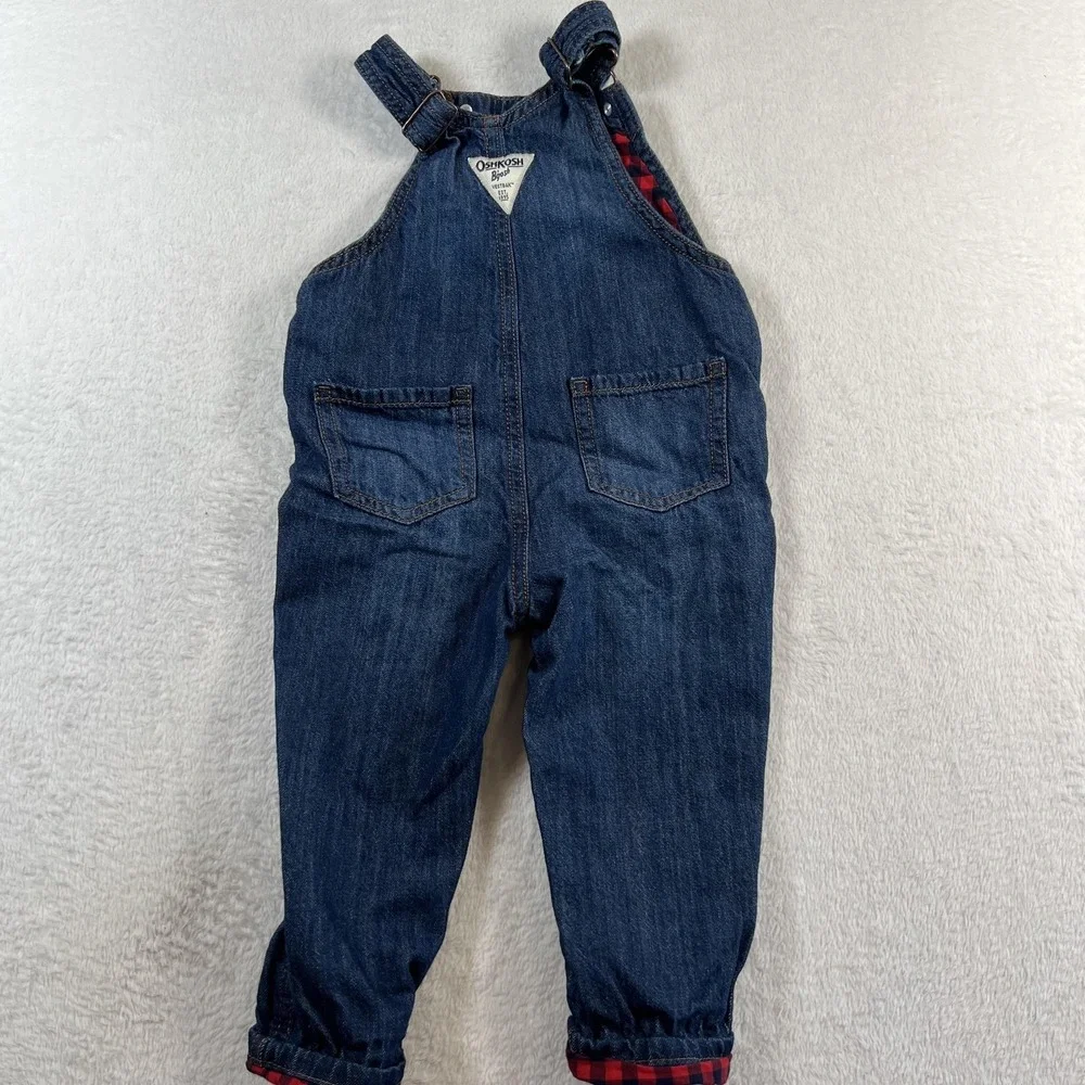 OshKosh B'gosh Overalls Kids 2T Blue Denim Lined Plaid Cuff Adjustable Strap